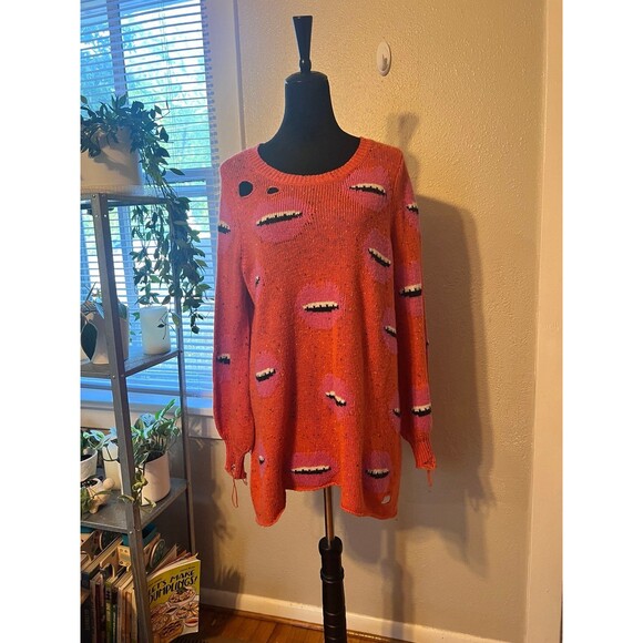 Wildfox Motormouth Lip Print Orange Red Distressed Relaxed Knit Sweater Top Sz S - Picture 1 of 8